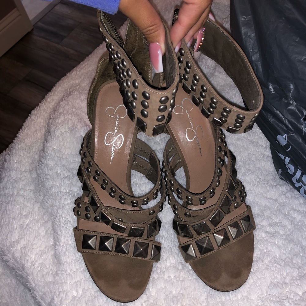 Taupe studded strapped heels
